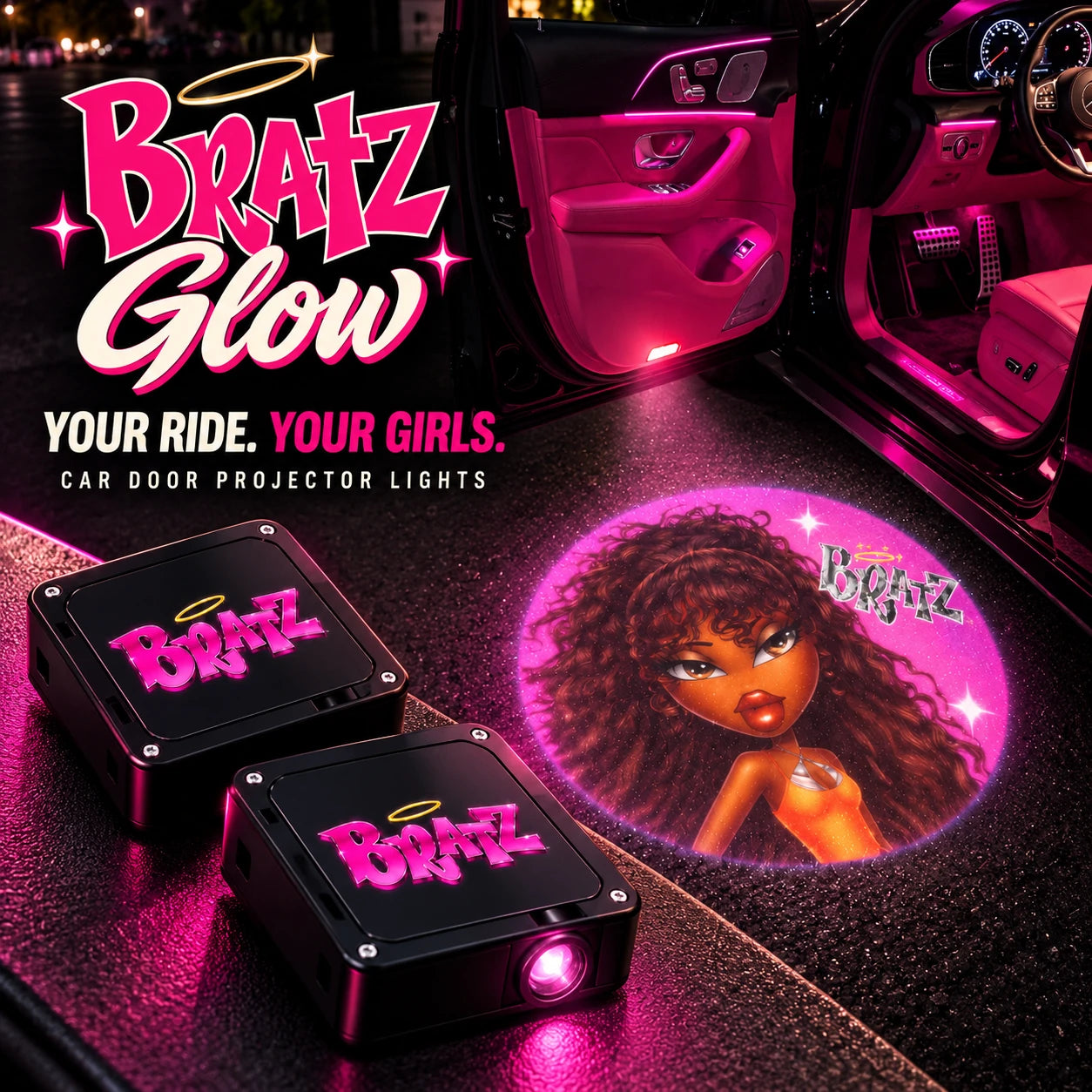 BratzGlow car-door projector lights and Sasha projection at night